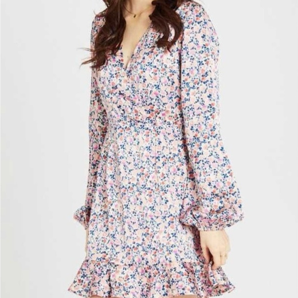 Altar'd State Pink Floral Long Sleeve Ruffle Dress